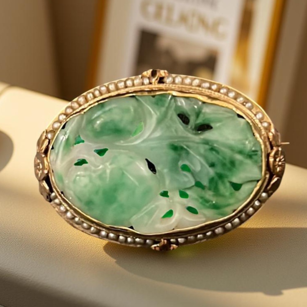 Antique Art Deco Gold Apple Jade Floral Cherry Blossom Pearl Lined Cameo Brooch - Picture 12 of 16